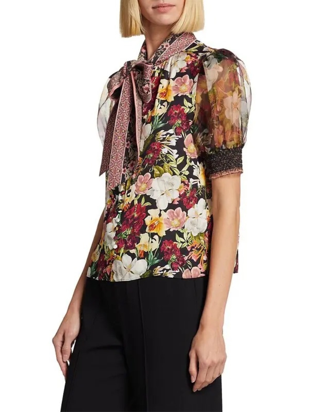 Alice and Olivia Floral Tie-Neck Puff Sleeve Top - Black/Multi - Picture 3 of 4